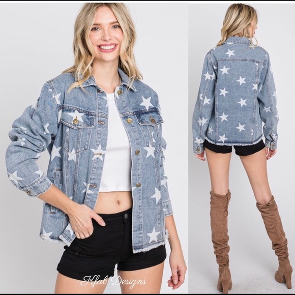 New! Sale 🎉Fabulous Star Print Denim Jean Jacket Button Down With Pockets - Picture 1 of 8